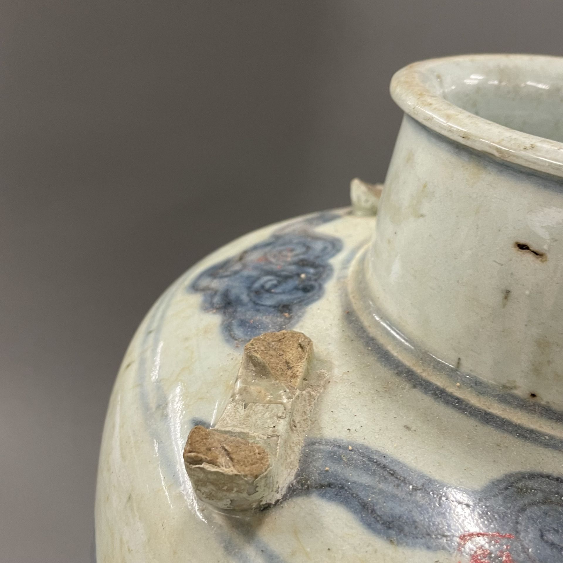 A large early Chinese hand painted provincial porcelain wine jar, H. 31cm. Some restoration and - Image 3 of 6