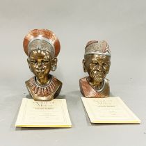 Two spirit of Africa cold cast figures of Zulu heads with certificates for Casper Darare, tallest H.