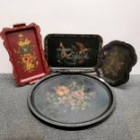 A group of four mixed antique metal trays, largest L. 62cm.