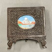 A small 19th century Indian miniature of the Taj Mahal in a carved hardwood frame, frame size 11 x