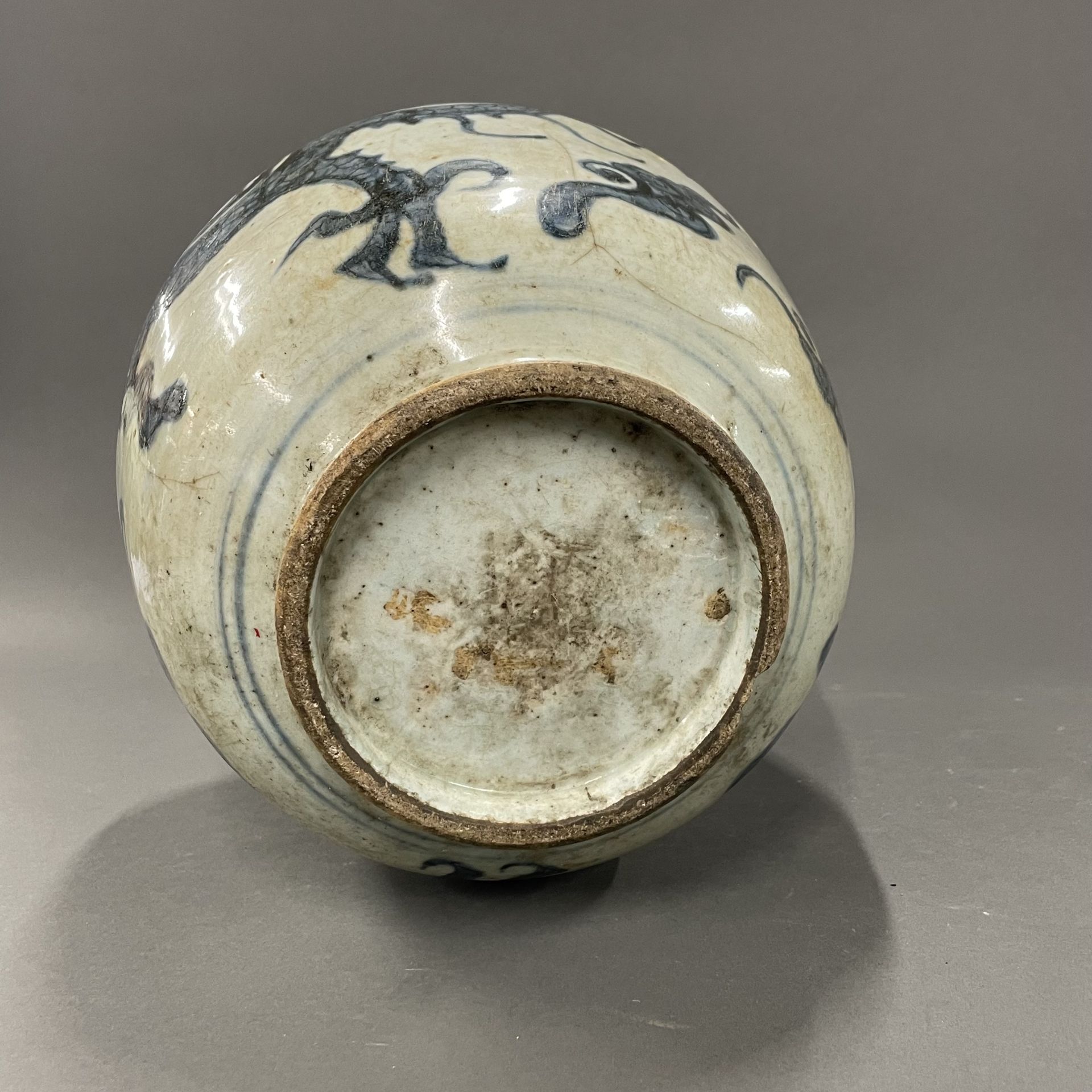 A large early Chinese hand painted provincial porcelain wine jar, H. 31cm. Some restoration and - Image 6 of 6