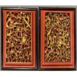 Two Chinese carved wooden panels, 22 x 35cm.