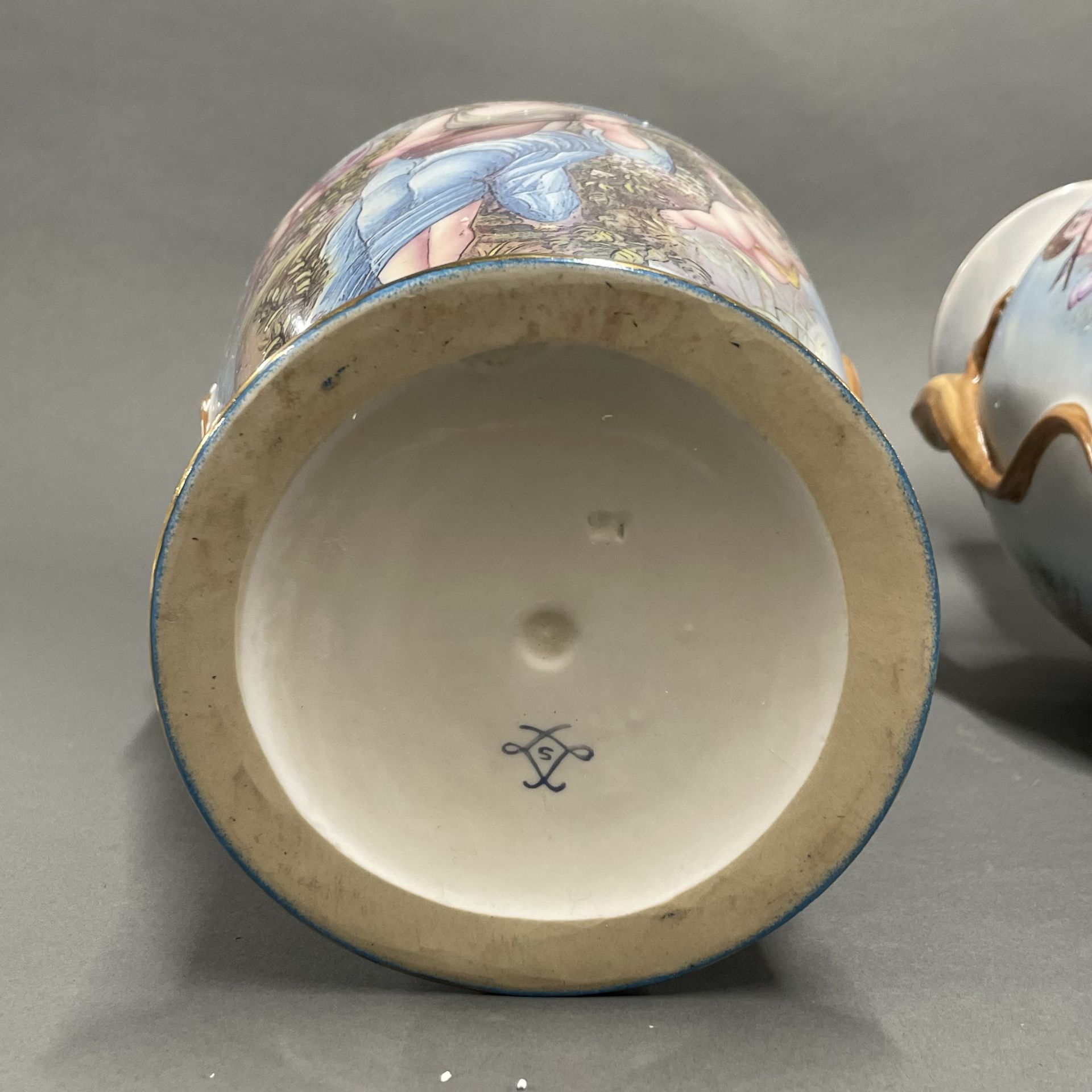 A pair of continental painted porcelain vases with lizard handles, H. 42cm, Dia. 15cm. - Image 4 of 4