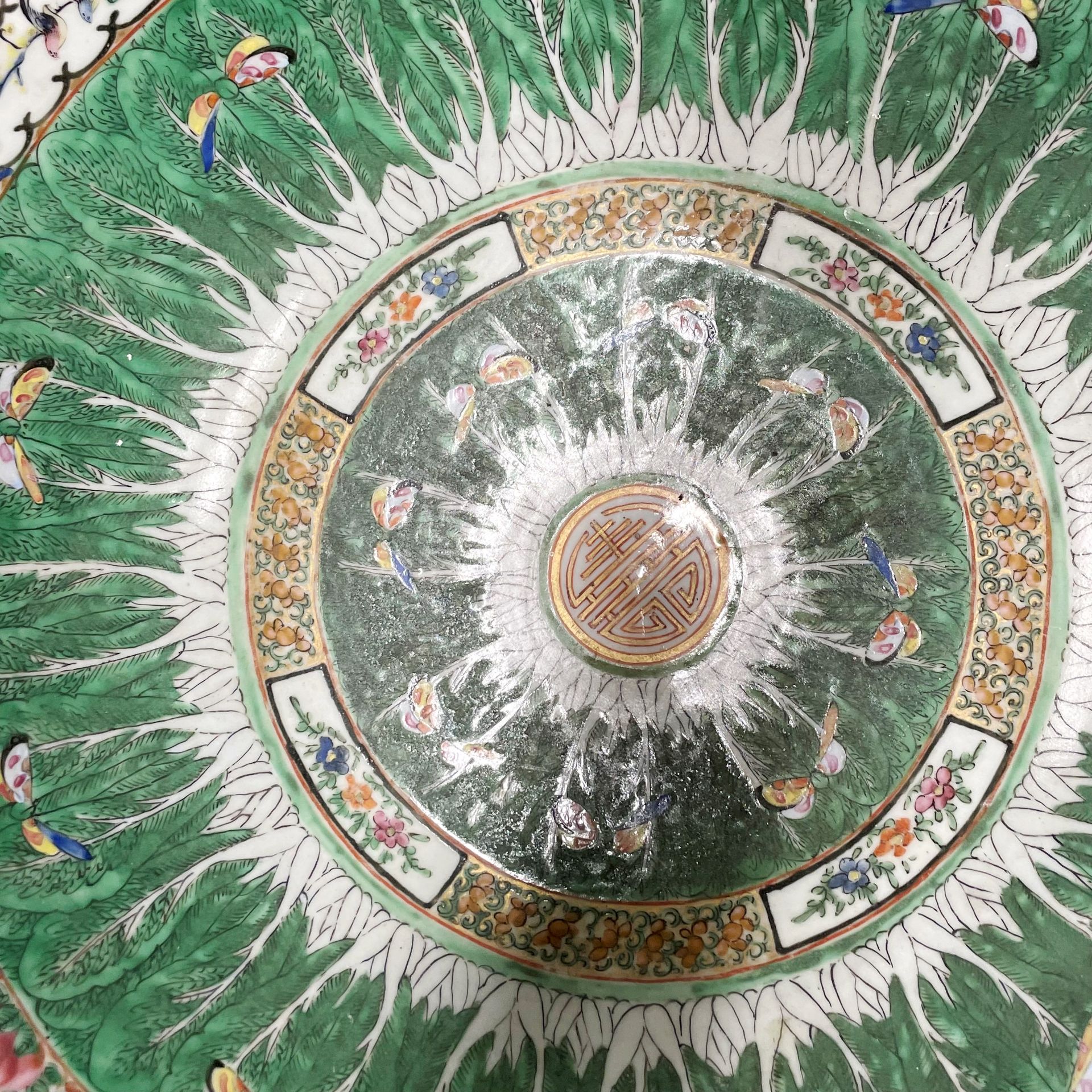 A large 19thC Chinese Canton enamelled bowl, Dia. 37cm, H. 15cm. Museum style restoration to rim. - Image 5 of 5