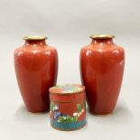 A pair of mid 20thC Chinese fish scale design cloisonne vases, H. 19cm, together with a further