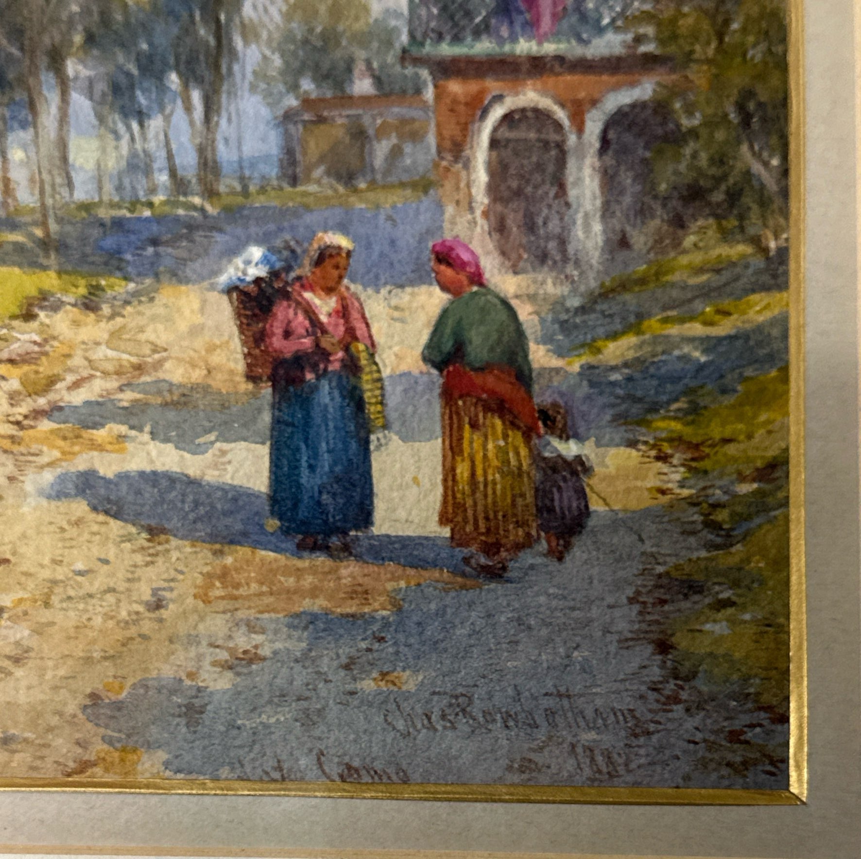 A gilt framed watercolour behind glass depicting Lake Como signed Charles Rowbotham, frame size 70 x - Image 3 of 3