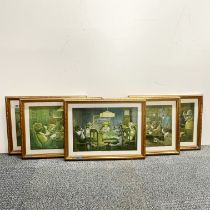 A set of five gilt framed dog gambler cartoons, frame size 33 x 44cm.