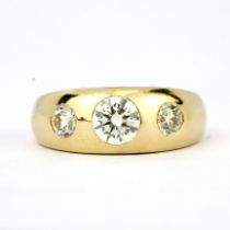 A 9ct yellow gold (stamped 9K) ring set with three brilliant cut fancy yellow diamonds, approx. 1.