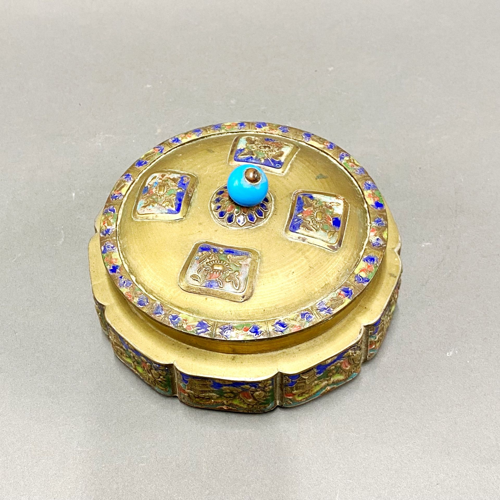 An early 20thC Chinese enamelled brass box and cover, Dia. 17cm. - Image 3 of 3