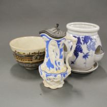 A 19thC relief decorated jug with a Chinese crackle glazed porcelain bowl depicting shipping