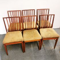 A set of six mid 20thC Vanson furniture dining chairs with squared rail back, H. 88cm.