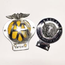 A vintage Royal Antediluvian Order of Buffaloes motor car badge together with an AA badge.