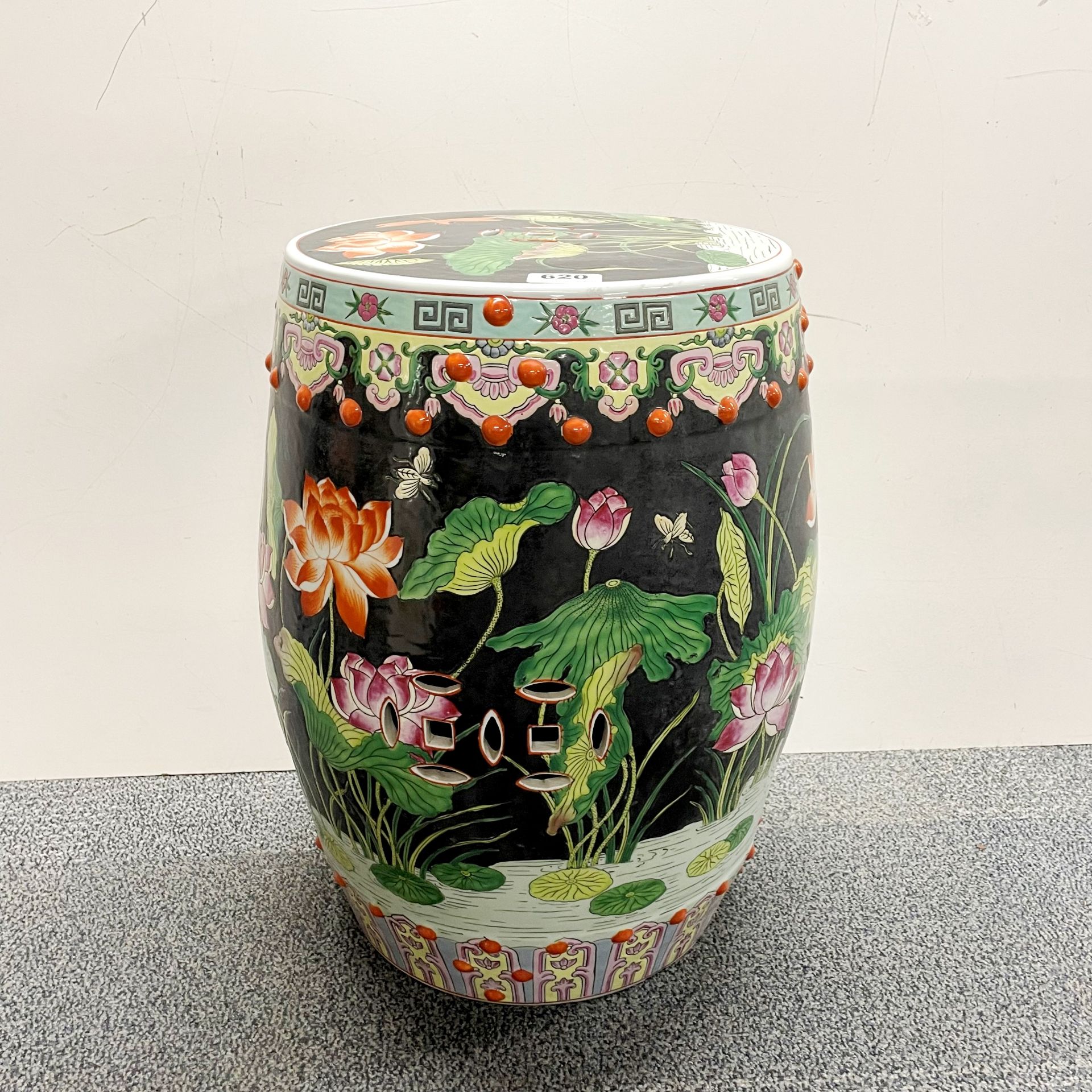 A Chinese hand painted porcelain garden stool, H. 49cm.