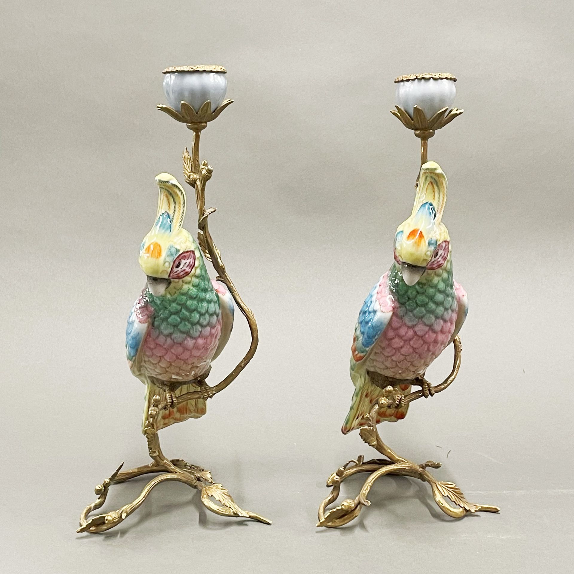 A pair of ormolu mounted porcelain parrot candlesticks, H. 32cm. - Image 3 of 3