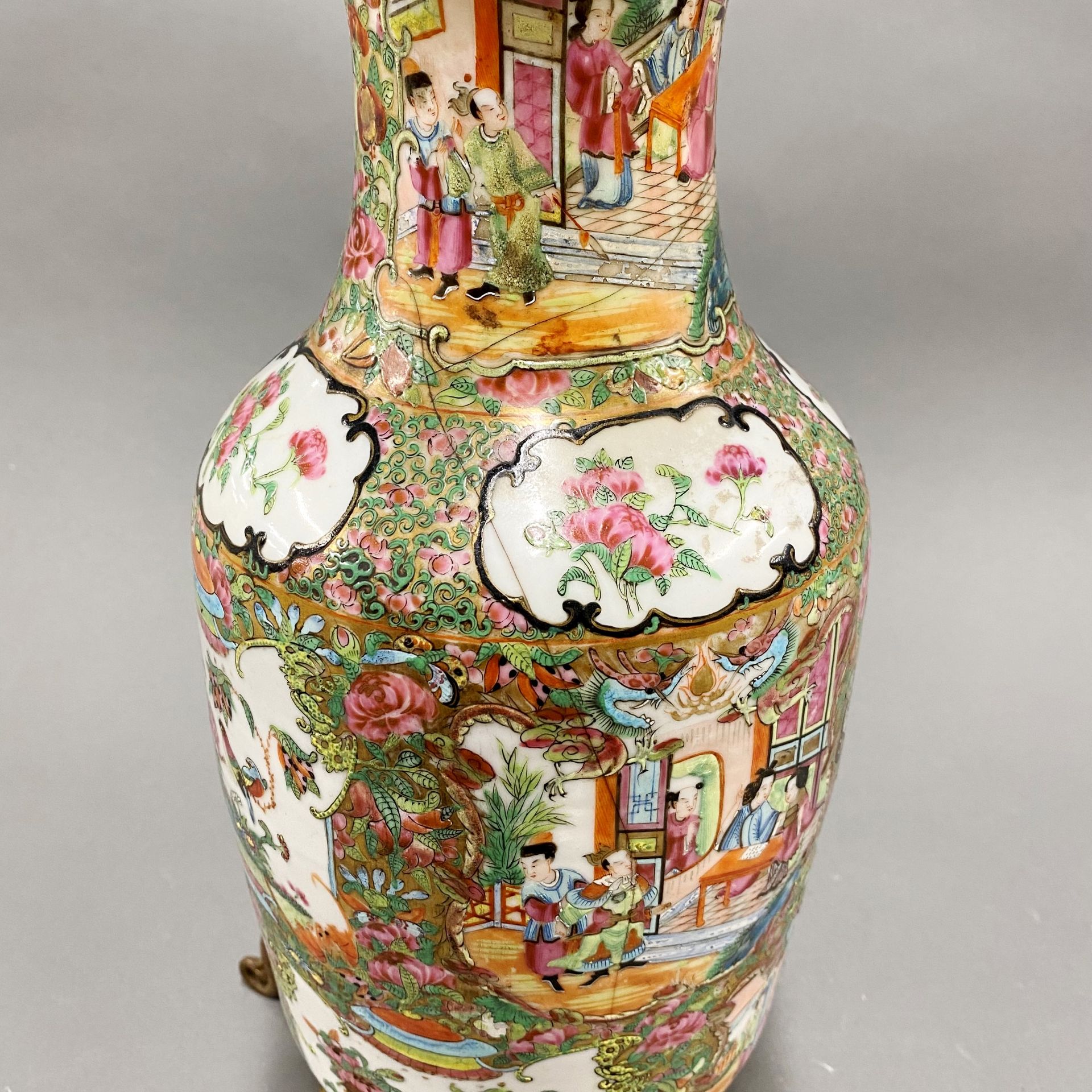 A 19thC Chinese famille rose porcelain vase, mounted c. 1900 as a table lamp. (A/F), H. 67cm. - Image 2 of 3