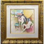 A large gilt framed watercolour behind glass of two nude females, understood to be Tarkay, frame