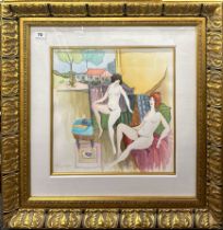 A large gilt framed watercolour behind glass of two nude females, understood to be Tarkay, frame