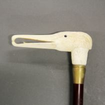 A carved bone seagull head handle walking stick, cane L. 87cm, seagull head L. 14cm.