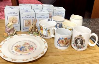 A group of Royal Albert Beatrix potter boxed figures together with royal memorabilia cups and a