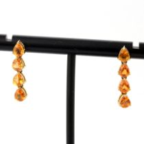 A pair of 9ct yellow gold citrine set drop earrings, L. 2cm.