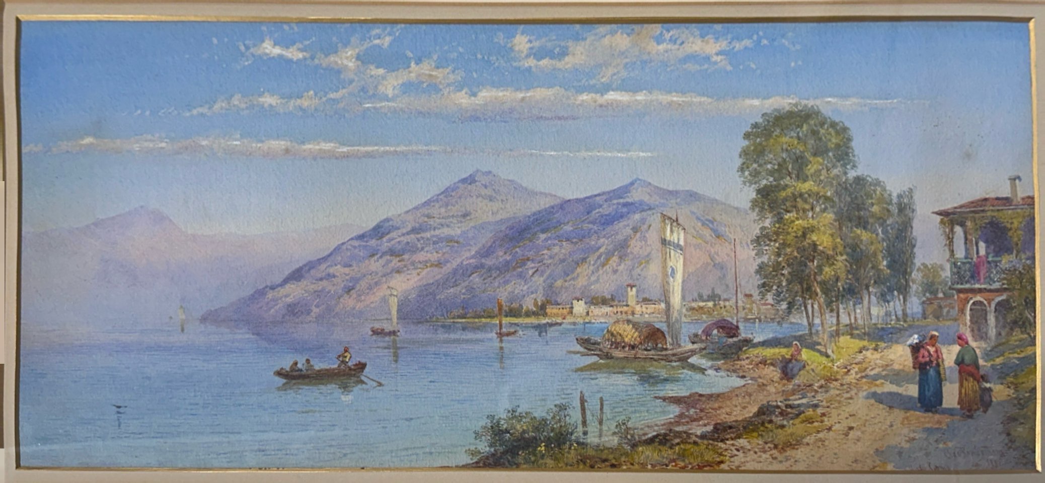 A gilt framed watercolour behind glass depicting Lake Como signed Charles Rowbotham, frame size 70 x - Image 2 of 3