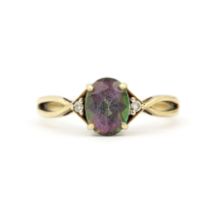 A 9ct yellow gold ring set with mystic topaz and diamond set shoulders, (O).