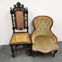 A carved oak hall chair with rattan seat and back, H. 120cm together with a button backed nursing