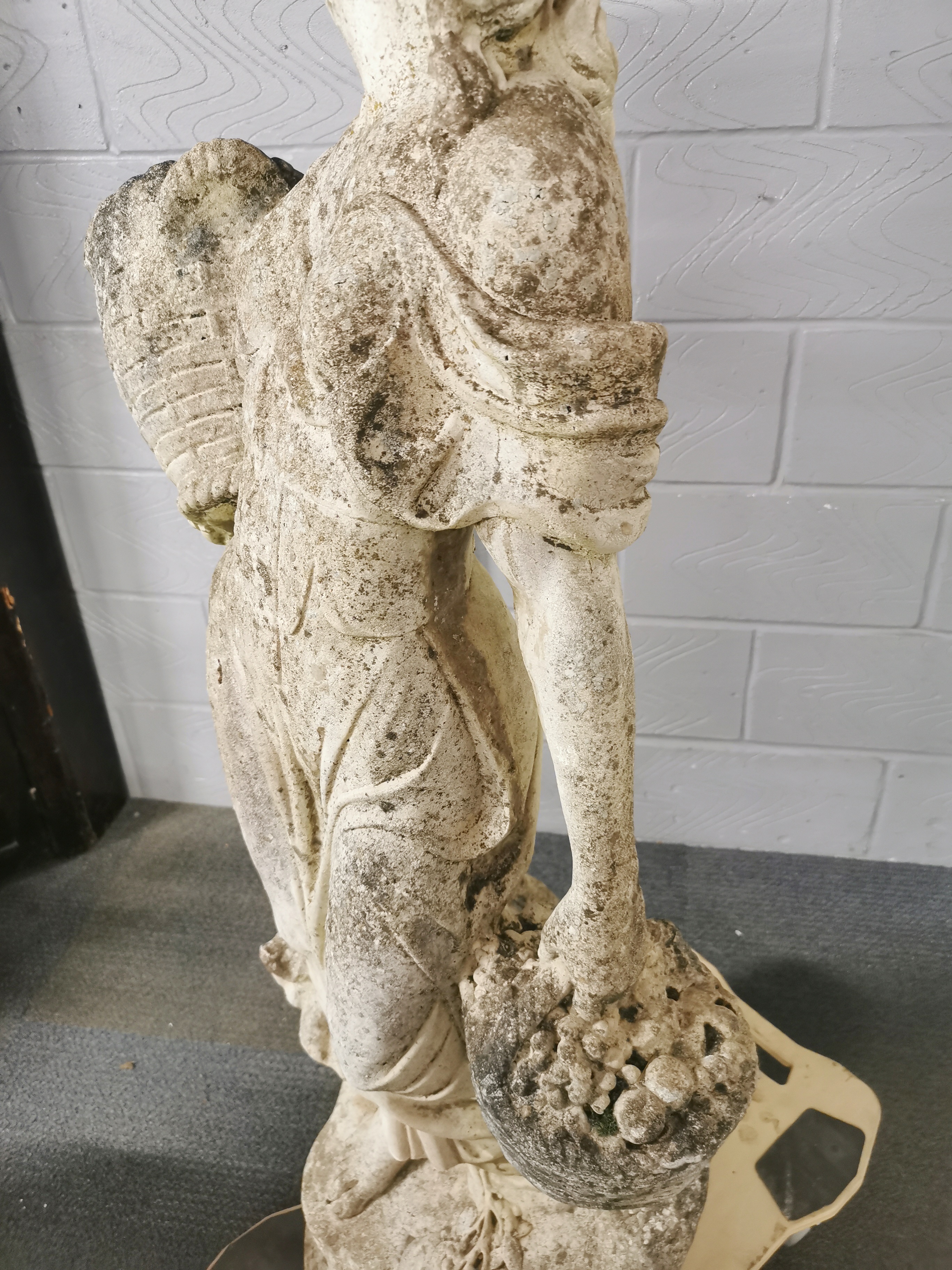 A large antique carved stone garden figure of a woman carrying baskets, H. 136cm base W. 40cm. - Image 5 of 7