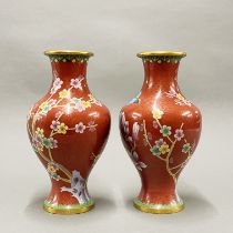 A pair of mid 20thC Chinese cloisonne vases, H. 26cm.