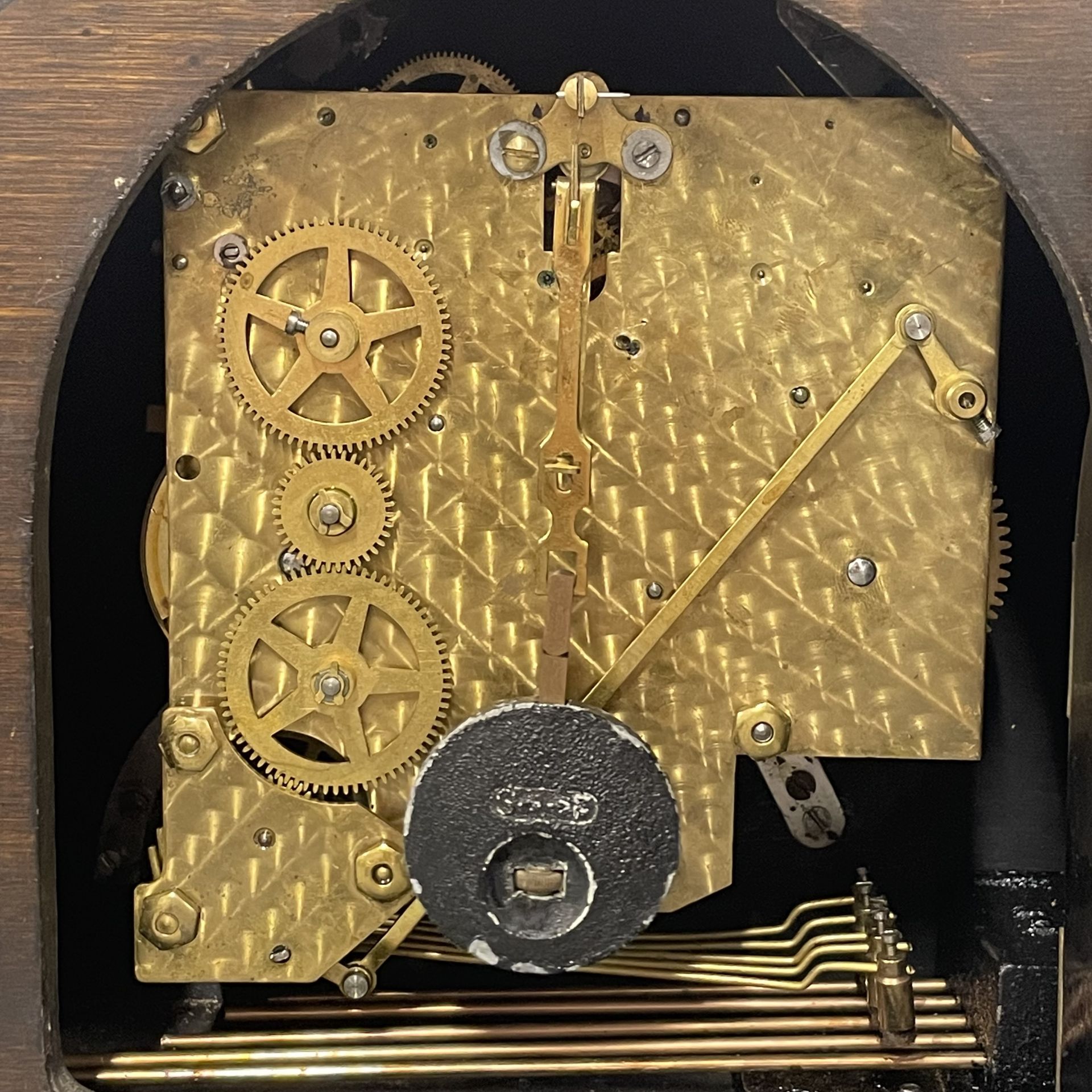 A 1930's chiming oak mantle clock, together with two pairs of opera glasses. - Image 6 of 7