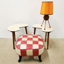 A chequered Sherborne 1970's footstool on castors together with a pair of Formica and oak 70's