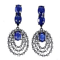 A pair of 925 silver drop earrings set with oval cut sapphires and white stones, L. 3.8cm.