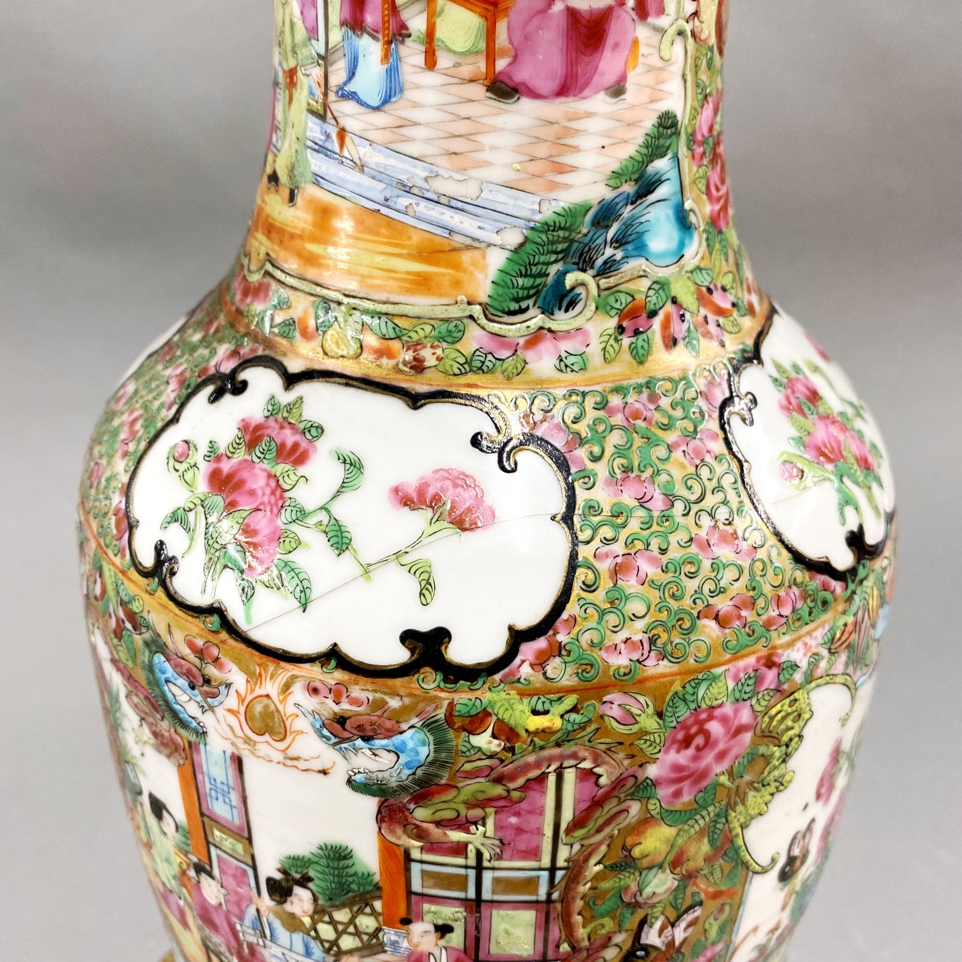 A 19thC Chinese famille rose porcelain vase, mounted c. 1900 as a table lamp. (A/F), H. 67cm. - Image 3 of 3