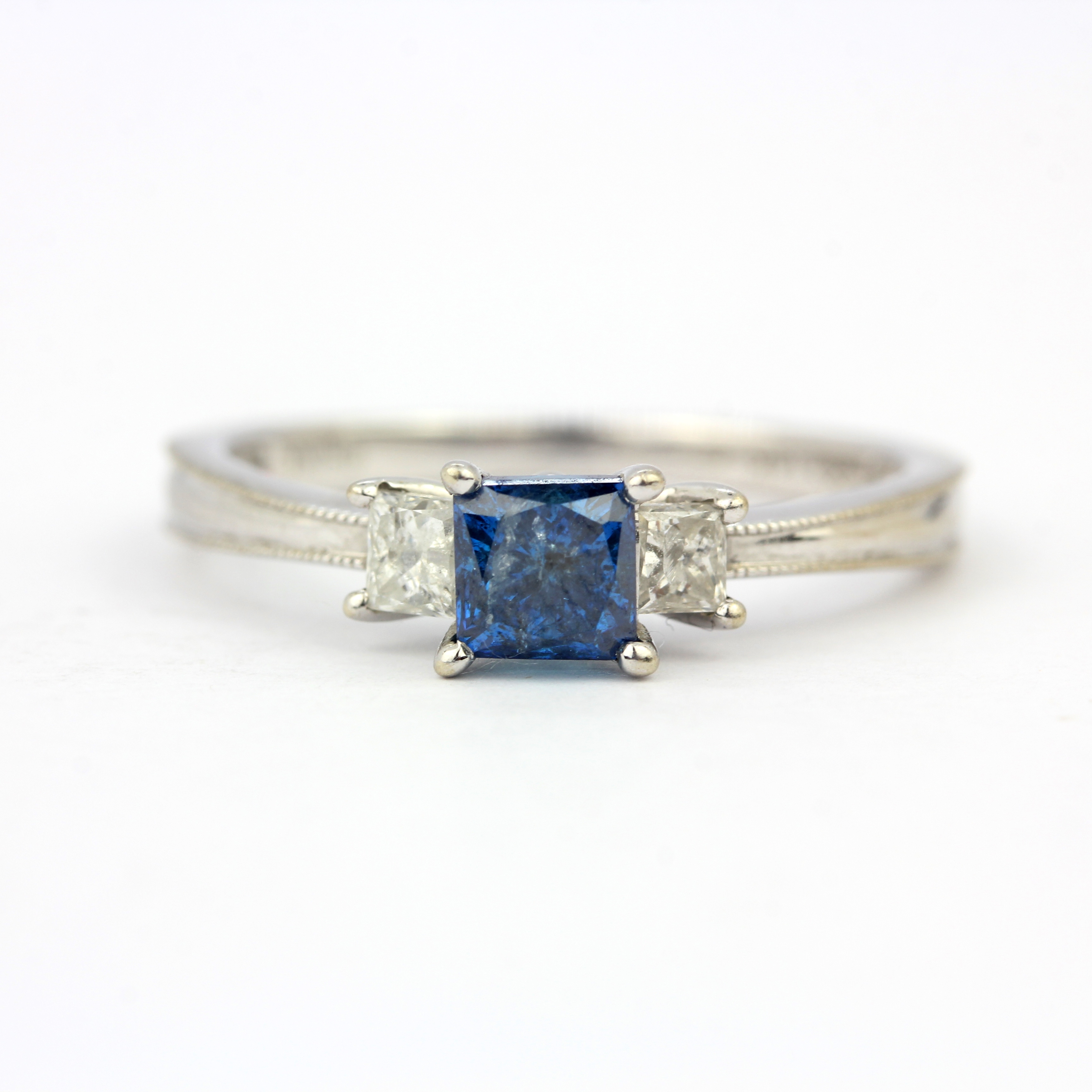 A 14ct white gold ring set with a princess cut fancy blue diamond and princess cut diamond set - Image 3 of 4