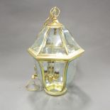 A hexagonal brass and cut glass porch lantern, shade H. 45cm.