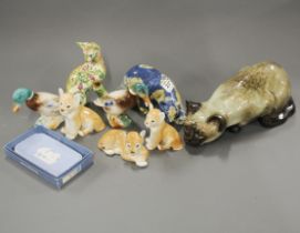 A Winstanley cat (small chip to ear), L. 38cm, together with a group of Russian and other china