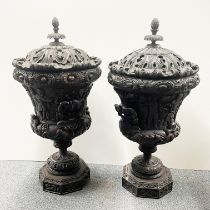 A superb pair of large carved wooden urns, H. 91cm, Dia. 44cm.