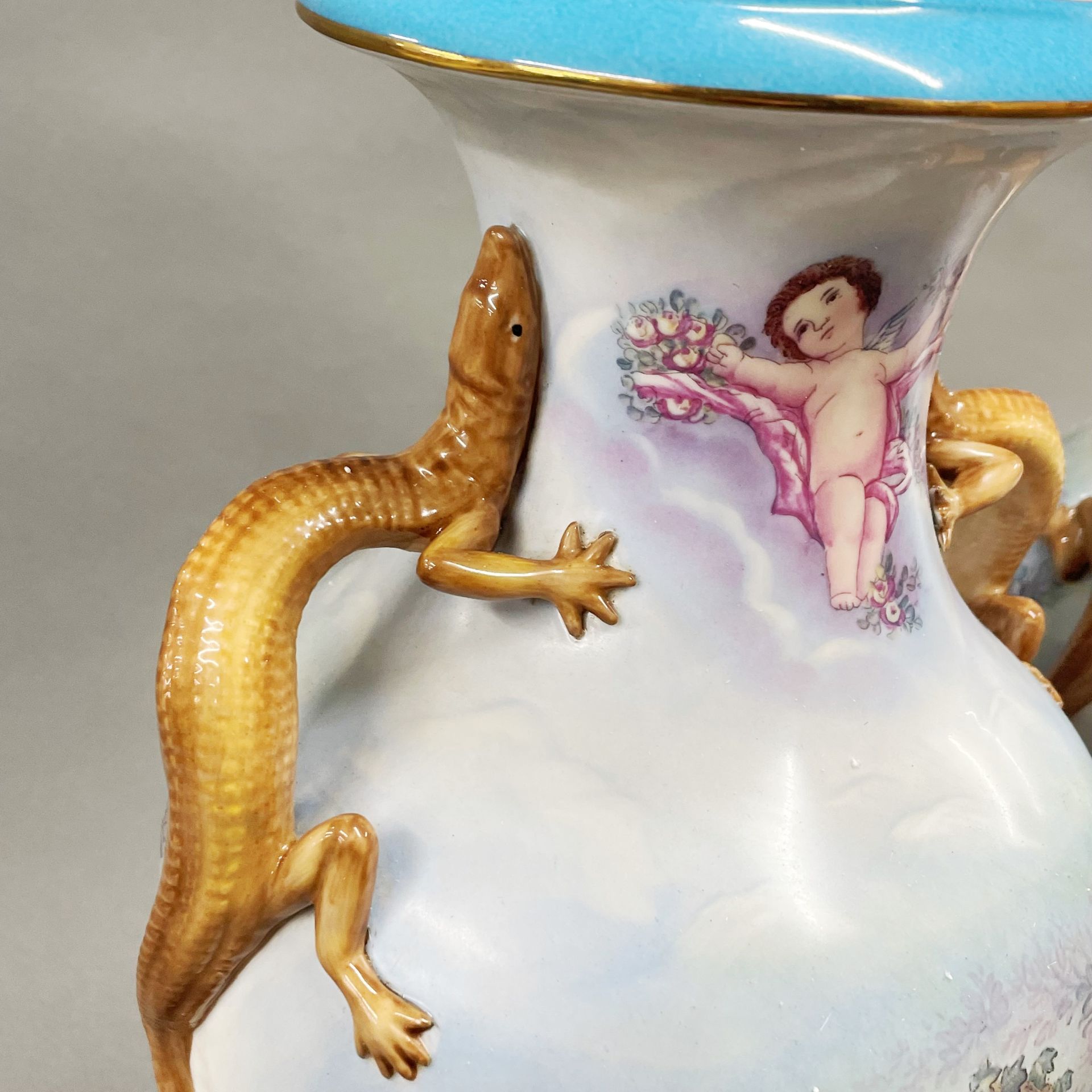 A pair of continental painted porcelain vases with lizard handles, H. 42cm, Dia. 15cm. - Image 2 of 4