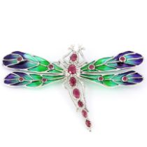 A large 925 silver enamelled brooch set wit rubies, L. 6 x 4cm.