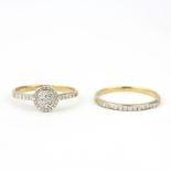A boxed set of matching 9ct gold engagement cluister ring and half eternity wedding ring, set with