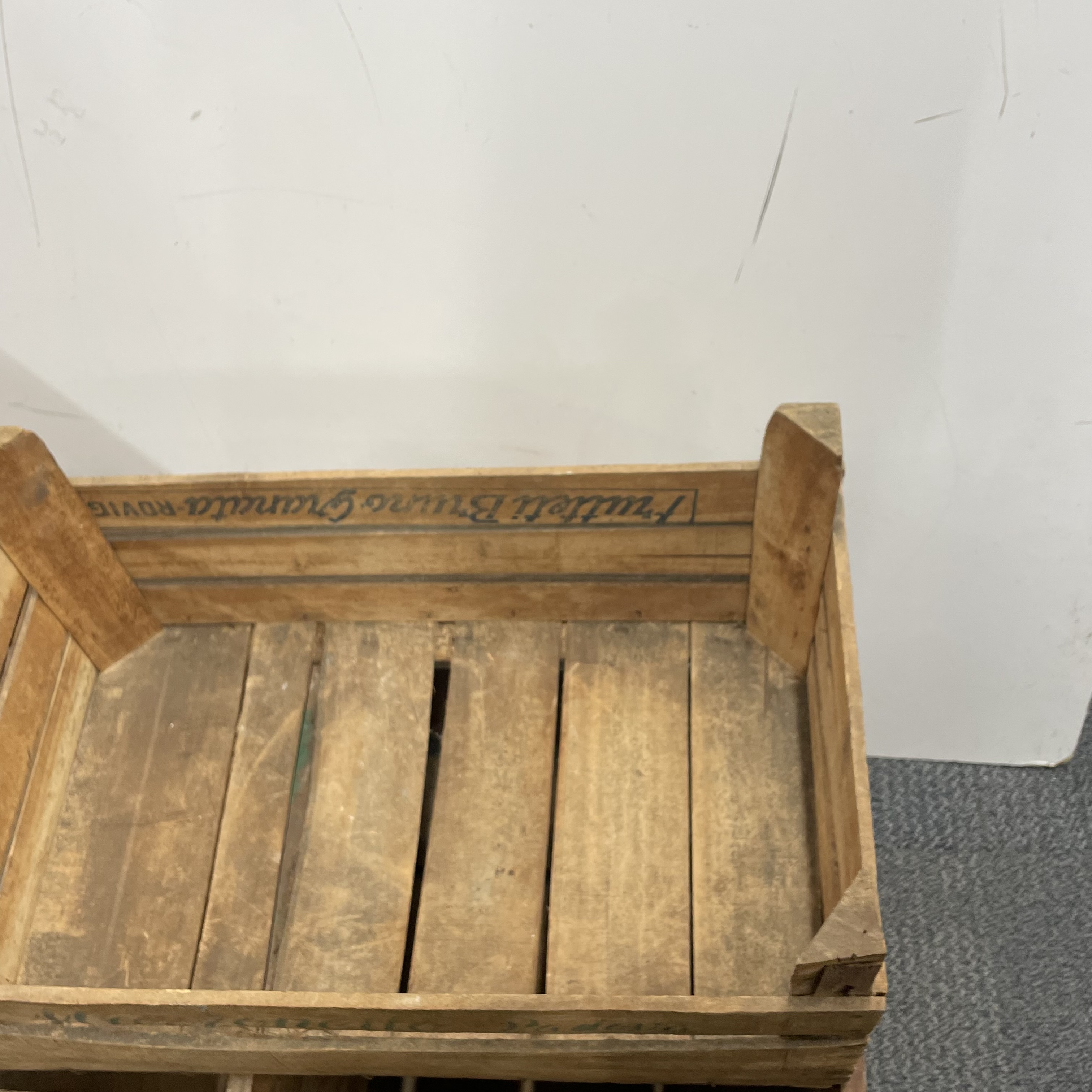 A group of five vintage wooden crates, largest 74 x 38 x 29cm, and tins. - Image 6 of 6