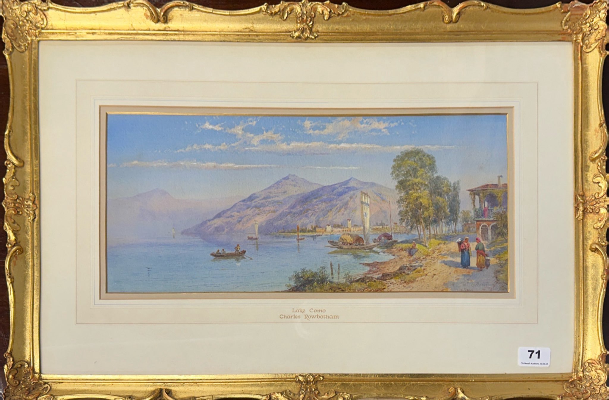 A gilt framed watercolour behind glass depicting Lake Como signed Charles Rowbotham, frame size 70 x