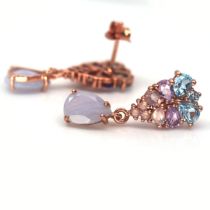A pair of rose gold on 925 silver drop earrings set with blue topaz, amethyst, morganite and