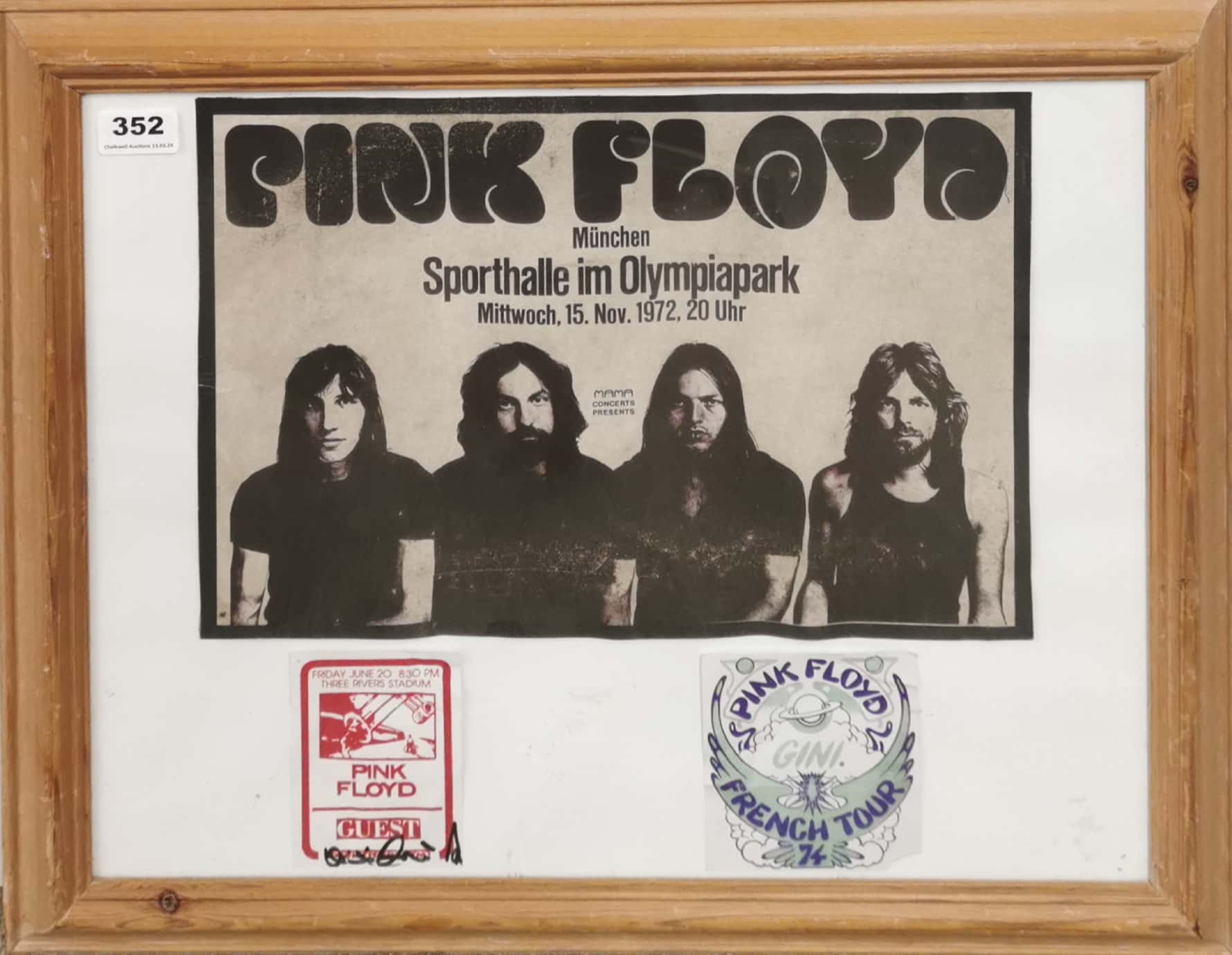 A framed poster from 'Pink Floyd' concert at the Sports Hall Olympic Park, Munich 1972 along with