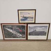 Three framed prints of ships and aeroplanes, largest 60 x 78cm.