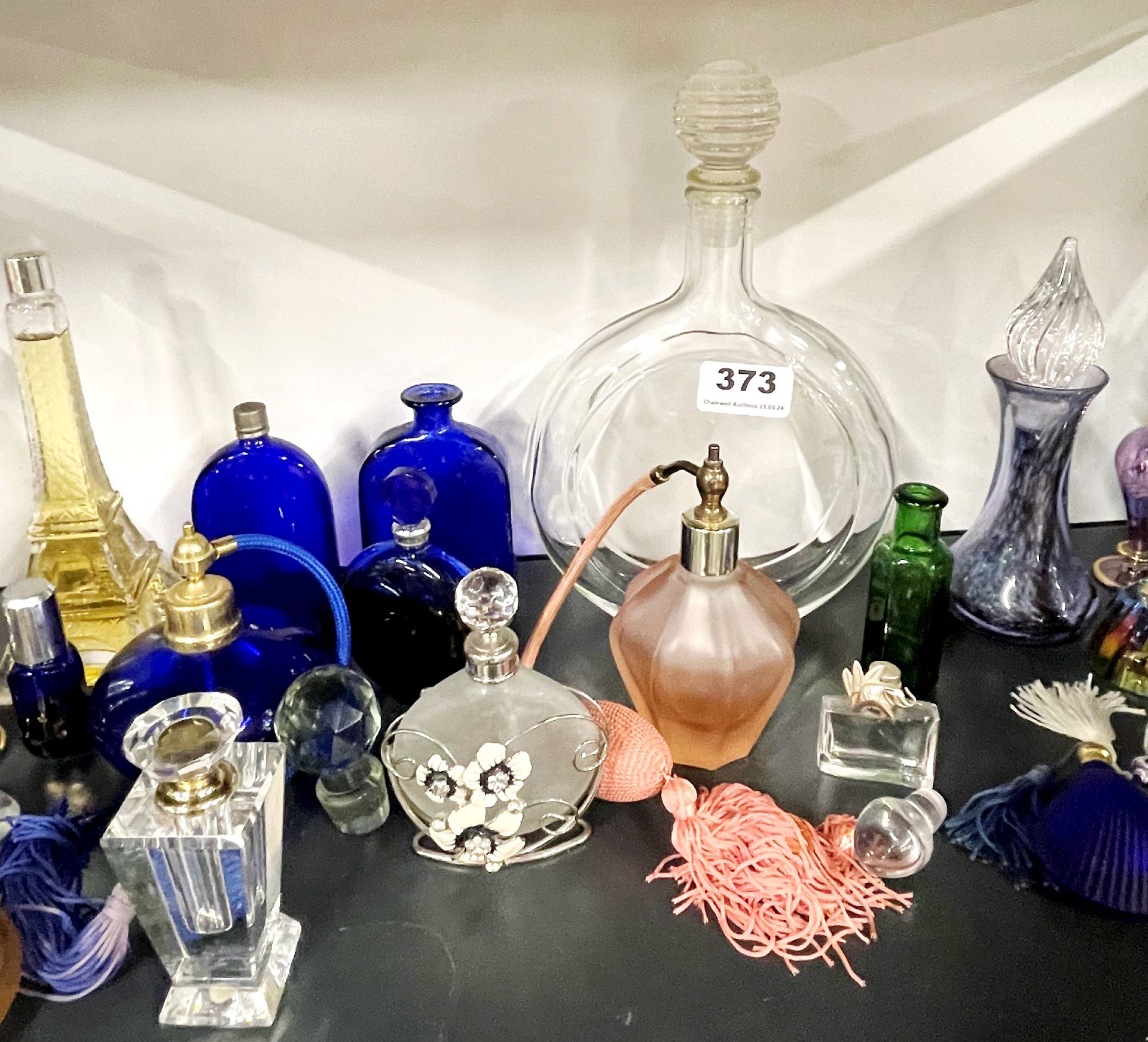 A collection of coloured glass perfume bottles including a blue glass perfume bottle with R. Lalique - Image 3 of 4