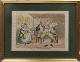 An 18thC gilt framed caricature 'new invented elastic breeches' after Rowlandson, frame size 50 x