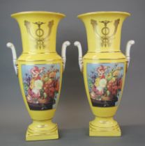 A pair of Continental yellow porcelain vases, H. 43cm.