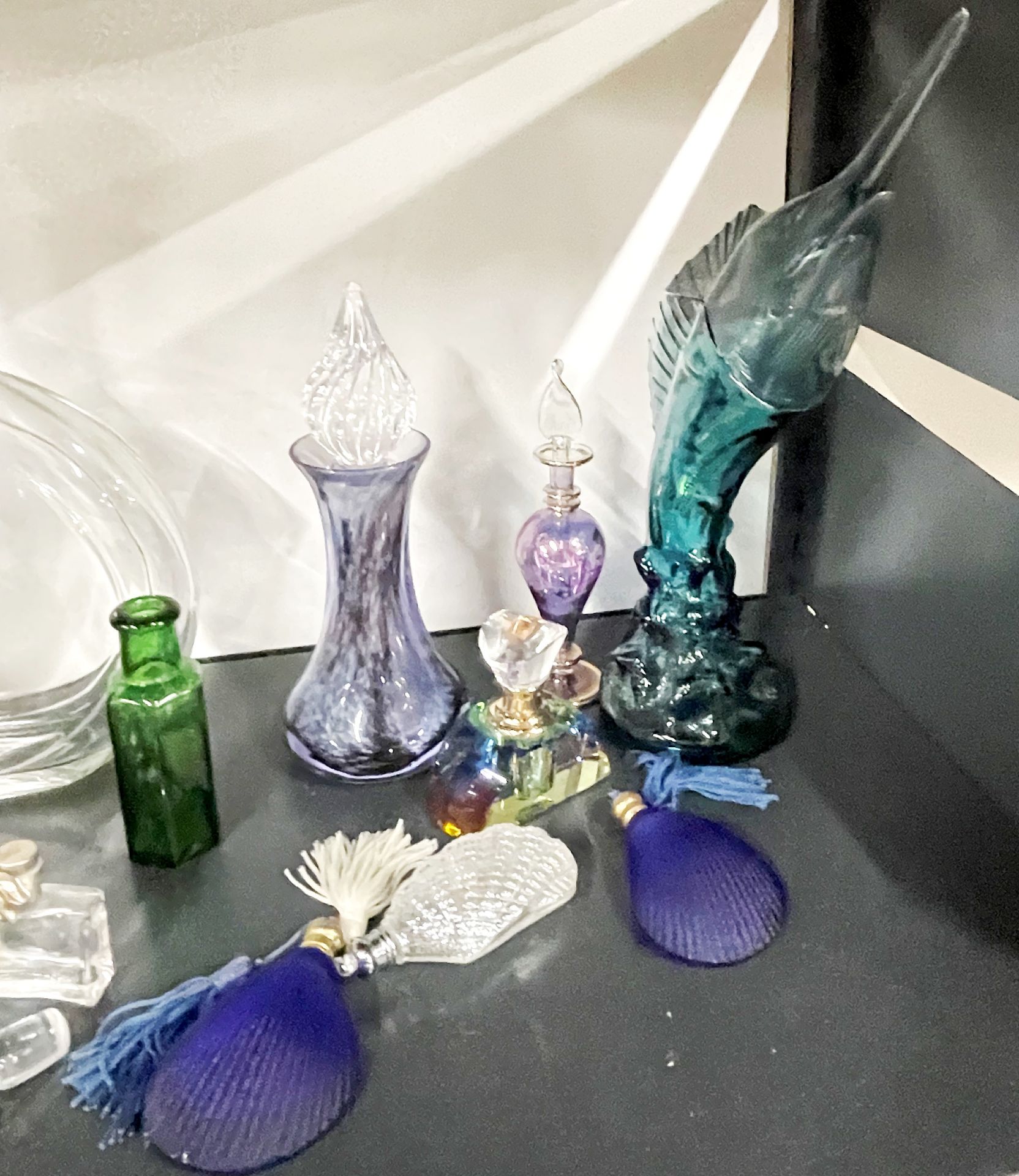 A collection of coloured glass perfume bottles including a blue glass perfume bottle with R. Lalique - Image 4 of 4