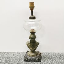 A 19thC American cast metal oil lamp converted as an electric lamp, H. 31cm.